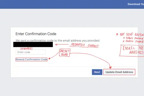 Ekran Facebooka z prośbą o wpisanie kodu potwierdzającego, gdy próbujesz zresetować hasło na Messengerze. E-mail z kodem nie dociera.