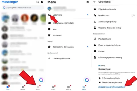 Szukasz odpowiedzi, czy da się przywrócić czat na Messengerze? Ekran pokazuje ustawienia aplikacji, gdzie można znaleźć opcje dotyczące konta i pomocy.