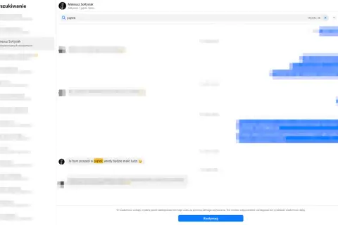 Szukanie wiadomości na Messengerze, np. o "piątek". Widok rozmowy z Mateuszem Sołtysiakiem.