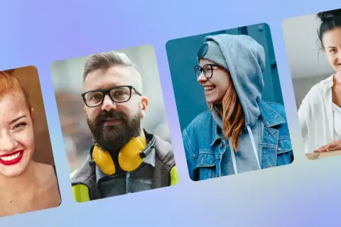 Cztery uśmiechnięte osoby w różnych stylizacjach. Zastanawiasz się, jak dopasować zdjęcie profilowe na Facebooku? Oto inspiracje!