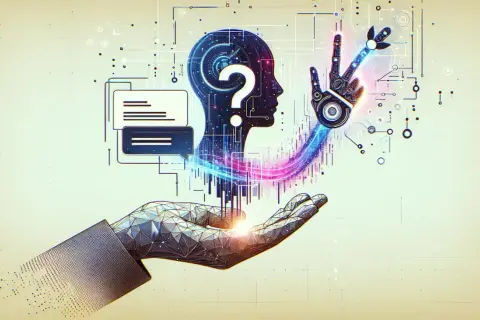 Cyber dłoń podtrzymuje głowę AI z pytajnikiem. Jak zadać pytanie sztucznej inteligencji, by uzyskać odpowiedź?