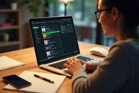 Kobieta szuka sposobu, jak pobrać piosenkę ze Spotify na komputer, przeglądając playlisty na ekranie laptopa.