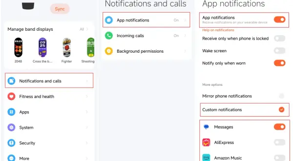 Jak włączyć powiadomienia z Messengera na opasce? Wejdź w "Powiadomienia i połączenia", potem "Powiadomienia aplikacji" i włącz "Wiadomości".