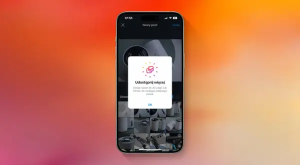 Ekran telefonu z powiadomieniem "Udostępnij więcej" na Instagramie, informującym o limicie 20 zdjęć.