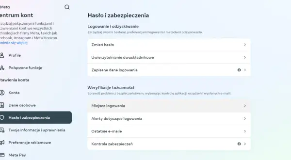 Centrum kont Meta: Hasło i zabezpieczenia. Sekcja "Logowanie i odzyskiwanie" zawiera opcje jak wylogować Messenger z innych urządzeń.