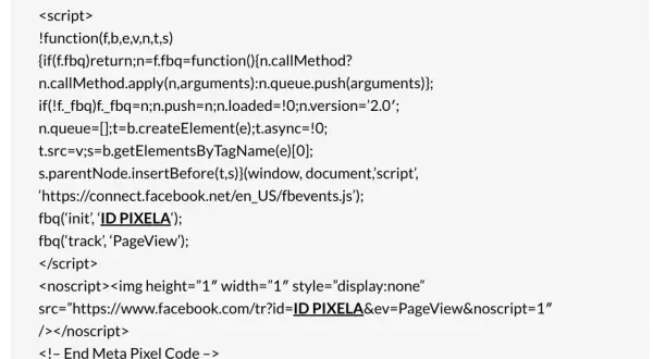 Fragment kodu Meta Pixel, który pokazuje, jak usunąć piksel Facebooka. Zawiera skrypt i tag noscript.
