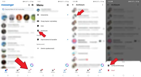Jak usunąć wszystkie wiadomości na Messengerze? Kliknij Menu, potem Archiwum, a następnie wybierz "Usuń".