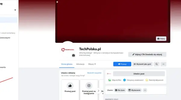 Czerwona strzałka wskazuje na "Ustawienia" na Facebooku, gdzie można rozwiązać problem, dlaczego nie mogę polubić strony na FB.