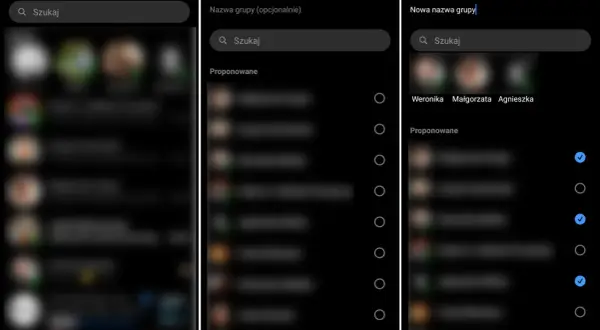 Jak stworzyć grupę na Messengerze? Ekran pokazuje proces tworzenia nowej grupy: wybieranie uczestników i nadawanie nazwy.