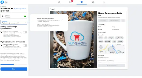 Jak dać ogłoszenie na Facebooku? Widok tworzenia oferty na Marketplace, gdzie dodajesz zdjęcie kubka z logo SKY-SHOP.PL.