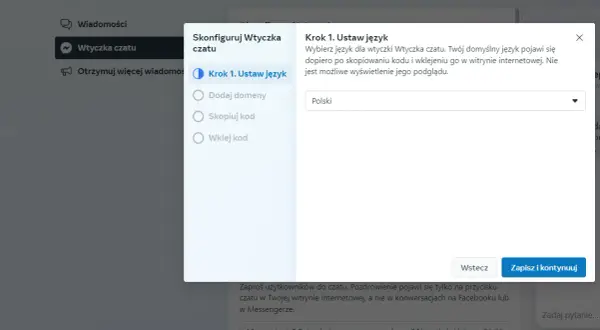 Ustawienia wtyczki czatu. Wybierz język polski, aby skonfigurować, jak dolaczyc do grupy na Messengerze.