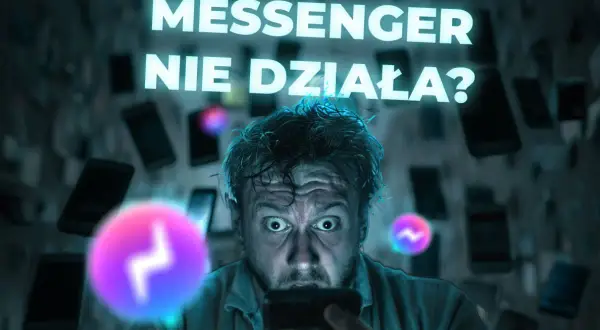 Przerażony mężczyzna patrzy na telefon, gdy nad nim świeci napis "Messenger nie działa?". Dowiedz się, jak uruchomić Messengera w telefonie.
