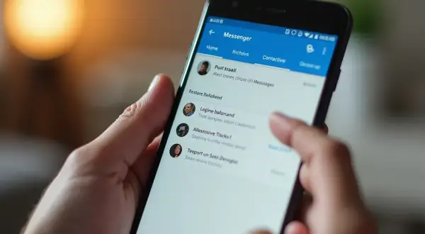 Palec dotyka ekranu telefonu z aplikacją Messenger, pokazując listę rozmów. Dowiedz się, jak przywrócić usunięte wiadomości na Messengerze.
