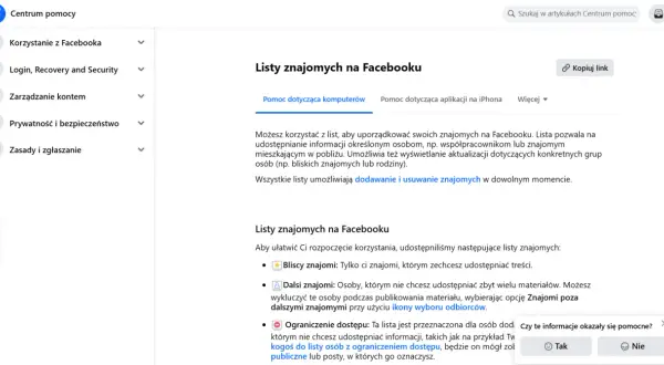 Jak znaleźć kogoś na FB po imieniu i miejscowości? Centrum pomocy Facebooka wyjaśnia, jak tworzyć listy znajomych, by lepiej zarządzać prywatnością.