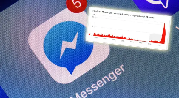 Ikona Messengera z powiadomieniem "5" i wykresem awarii. Dowiedz się, jak wysłać wiadomość prywatną na Facebooku, nawet gdy występują problemy.