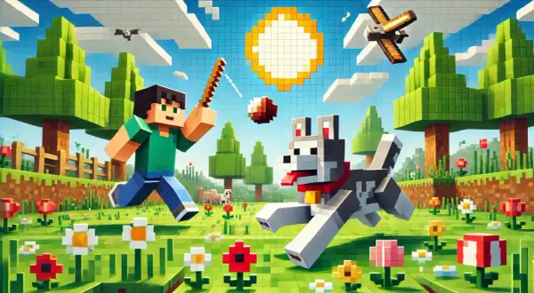 Chłopiec z psem w świecie Minecraft, szukający najlepszych nicków do Minecraft. Słońce, drzewa i kwiaty tworzą radosną scenerię.