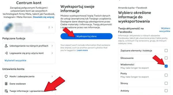Czy da się odzyskać usuniętą konwersacje na messengerze? Eksportuj dane z Facebooka, w tym wiadomości, by sprawdzić, co zostało zapisane.
