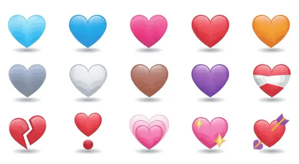 Różnorodne serca emoji: zielone, niebieskie, różowe, czerwone, pomarańczowe, żółte, czarne, szare, białe, brązowe, fioletowe, z flagą, w ogniu, złamane, z kokardą, przeszyte strzałą. Poznaj znaczenie serc emoji!