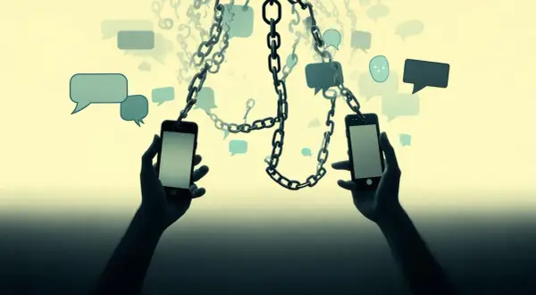 Dwie ręce trzymają telefony, połączone łańcuchami z dymkami czatu. Czy da się usunąć wszystkie wiadomości na Messengerze, gdy są one tak splecione?