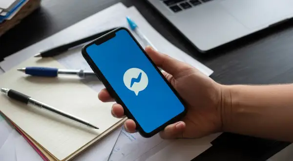 Dłoń trzyma smartfon z ikoną Messengera. Dowiedz się, jak znaleźć czat grupy na Messengerze, korzystając z telefonu.