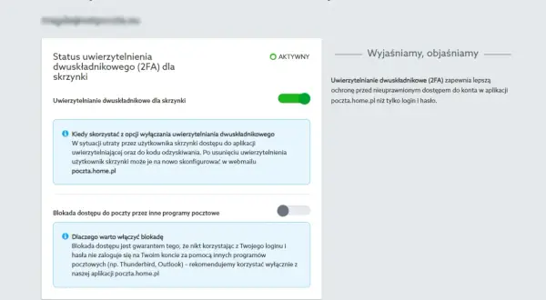 Ustawienia konta pocztowego. Możesz tu wyłączyć uwierzytelnianie dwuskładnikowe, co jest podobne do wyłączenia składania życzeń na FB, jeśli chcesz uprościć dostęp.