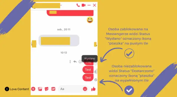 Gdy ktoś mnie zablokuje na Messengerze, widzę status "Wysłano" z pustym ptaszkiem. Bez blokady status to "Dostarczono" z wypełnionym ptaszkiem.