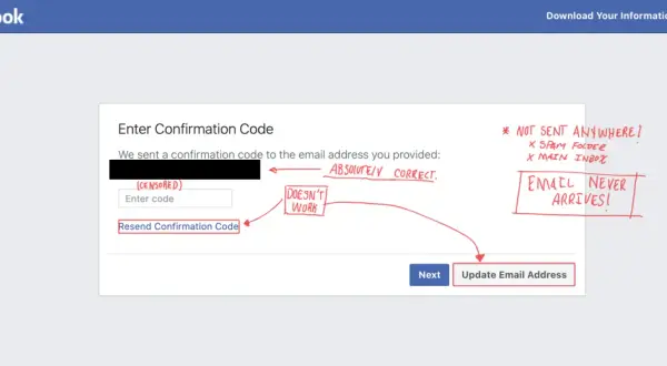 Ekran Facebooka z prośbą o wpisanie kodu potwierdzającego, gdy próbujesz zresetować hasło na Messengerze. E-mail z kodem nie dociera.