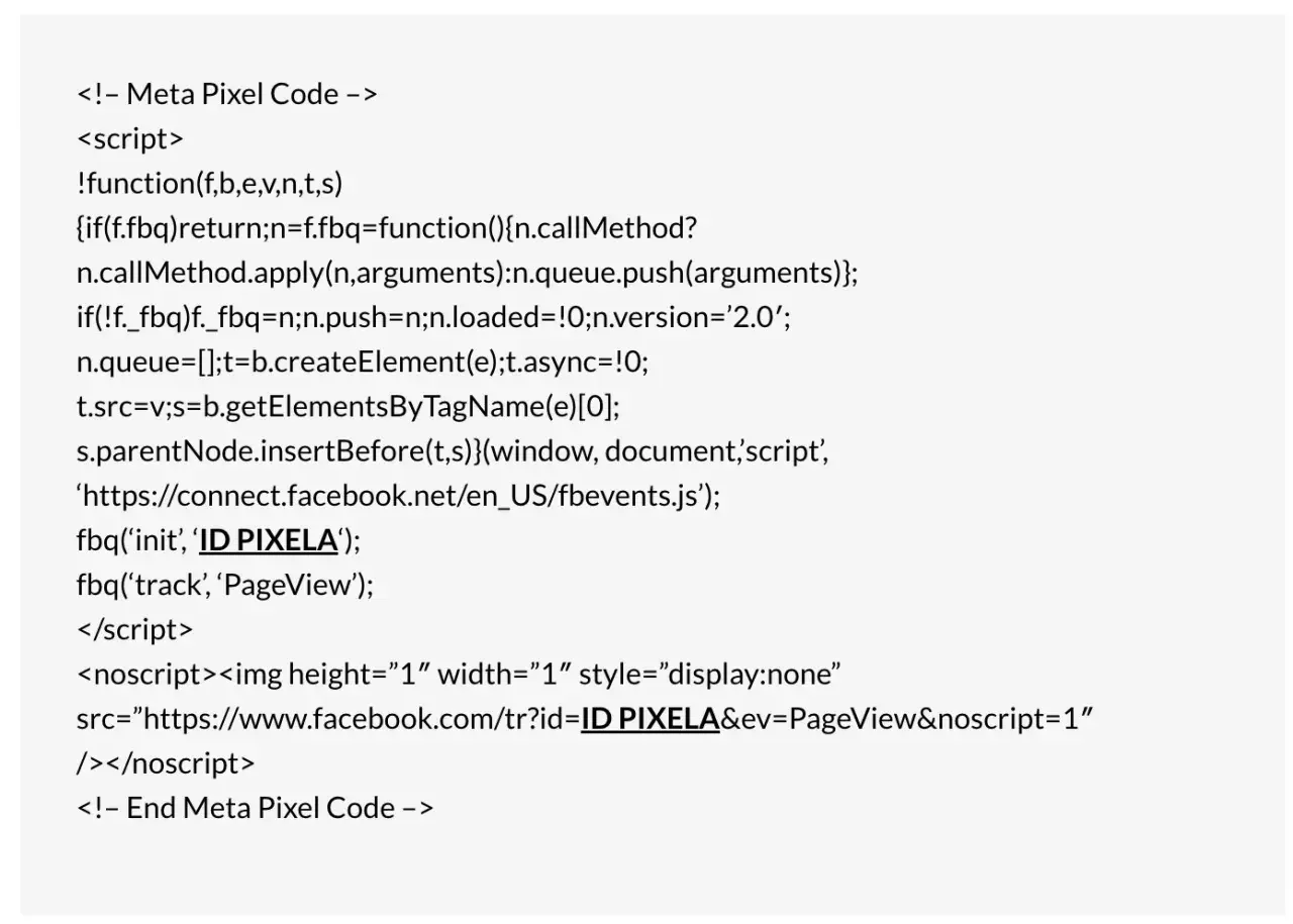 Fragment kodu Meta Pixel, który pokazuje, jak usunąć piksel Facebooka. Zawiera skrypt i tag noscript.