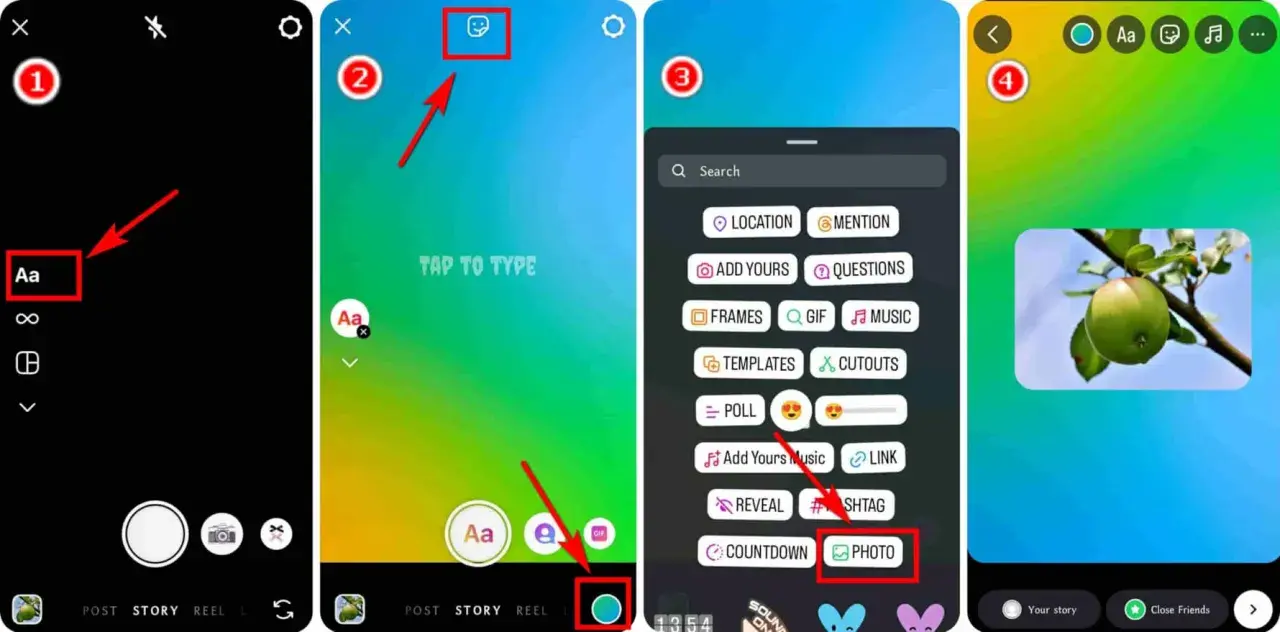 Jak zmienić tło w relacji na Insta? Kliknij "Aa", potem ikonę naklejek, wybierz "Photo" i dodaj zdjęcie.