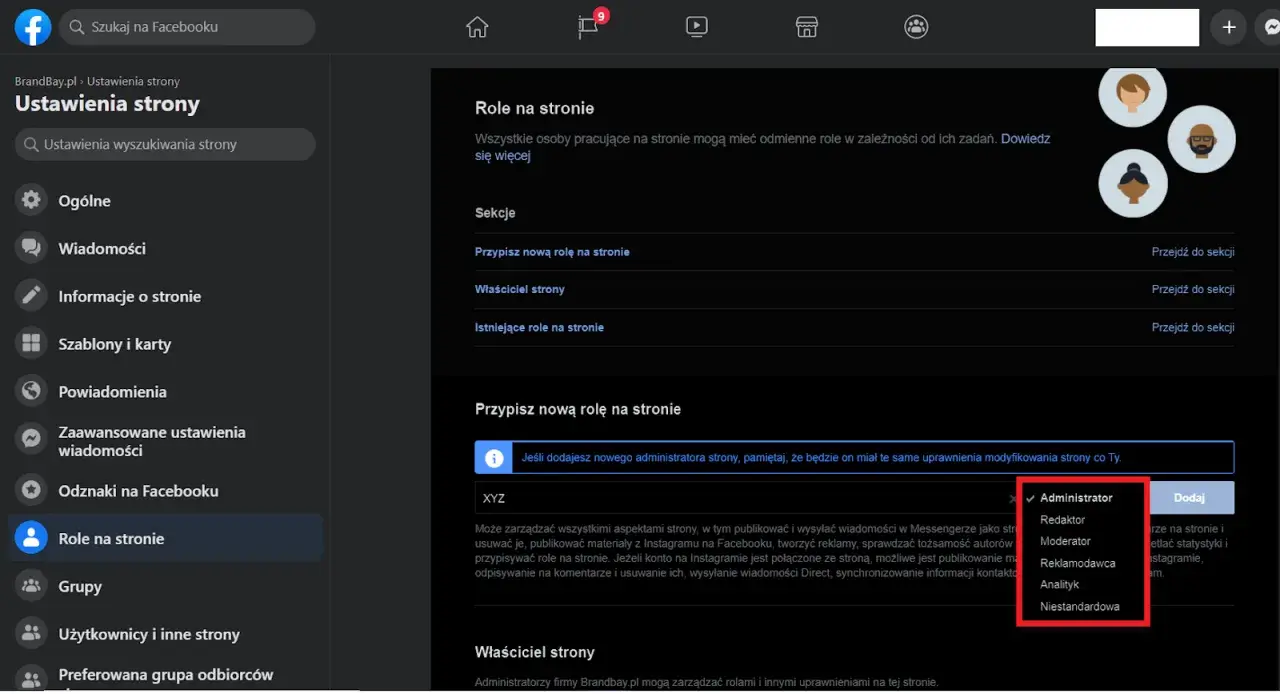 Chcesz wiedzieć, jak przestać zarządzać stroną na FB? Na ekranie widzisz opcje zarządzania rolami na stronie, w tym możliwość dodania lub usunięcia administratora.