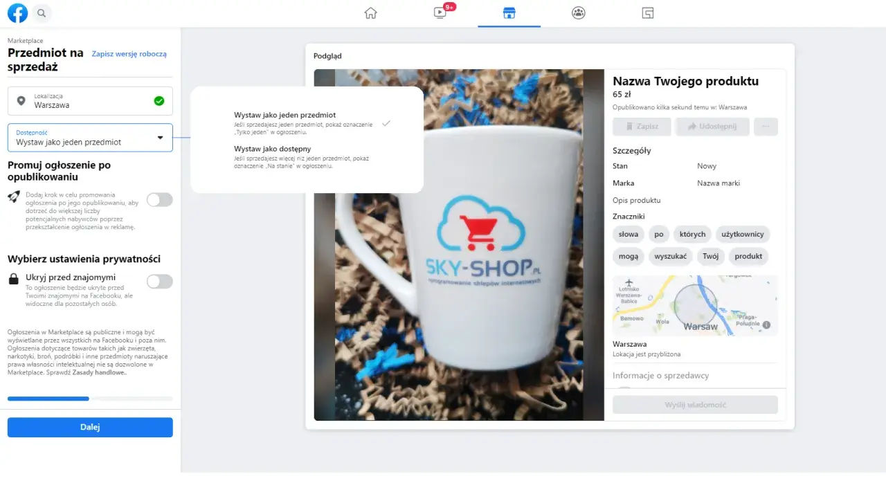 Jak dać ogłoszenie na Facebooku? Widok tworzenia oferty na Marketplace, gdzie dodajesz zdjęcie kubka z logo SKY-SHOP.PL.