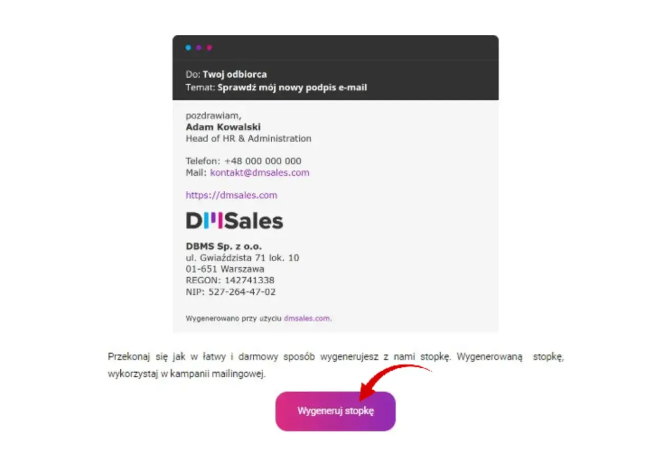 Podpis e-mail Adama Kowalskiego z firmy DBMS Sp. z o.o. z Warszawy. Fajne nazwy email i dane kontaktowe.