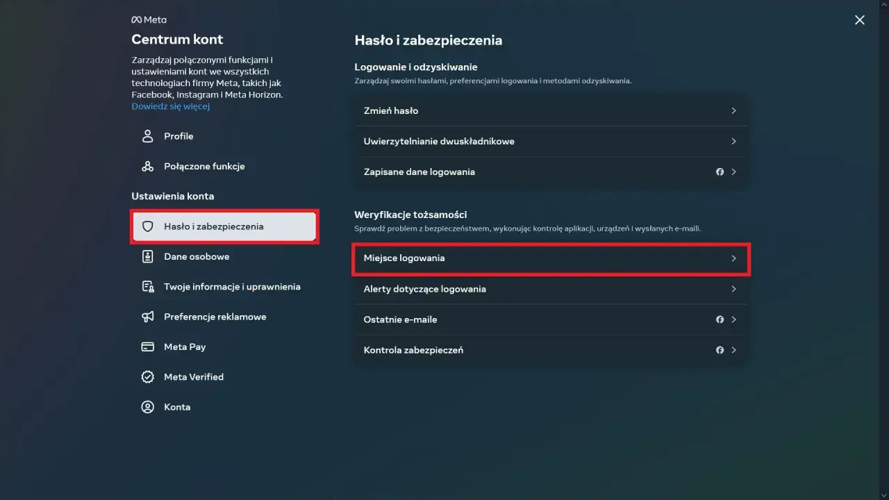 Centrum kont Meta: Hasło i zabezpieczenia > Miejsce logowania. Tu sprawdzisz, jak wylogować się z innych urządzeń na FB.