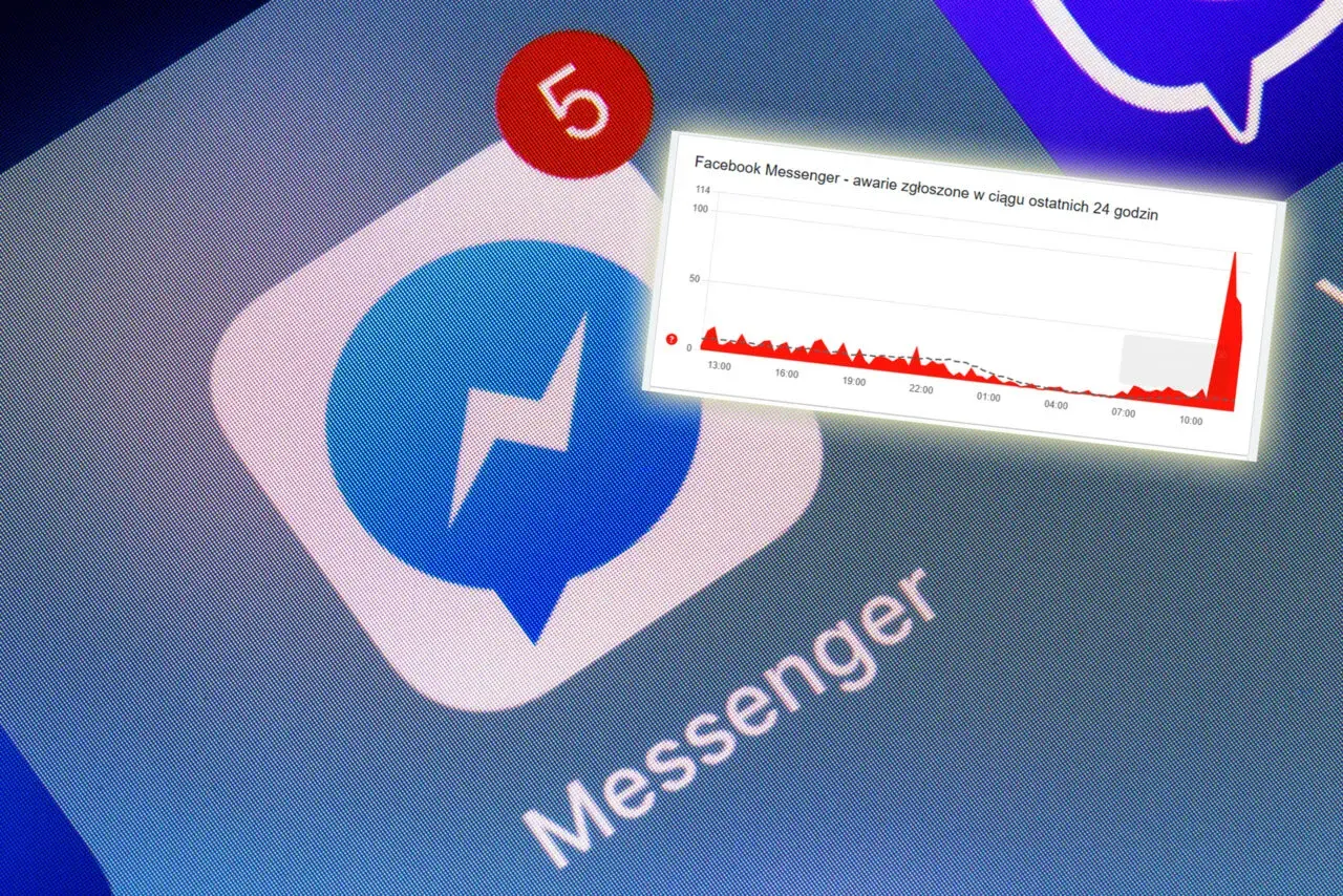Ikona Messengera z powiadomieniem "5" i wykresem awarii. Dowiedz się, jak wysłać wiadomość prywatną na Facebooku, nawet gdy występują problemy.