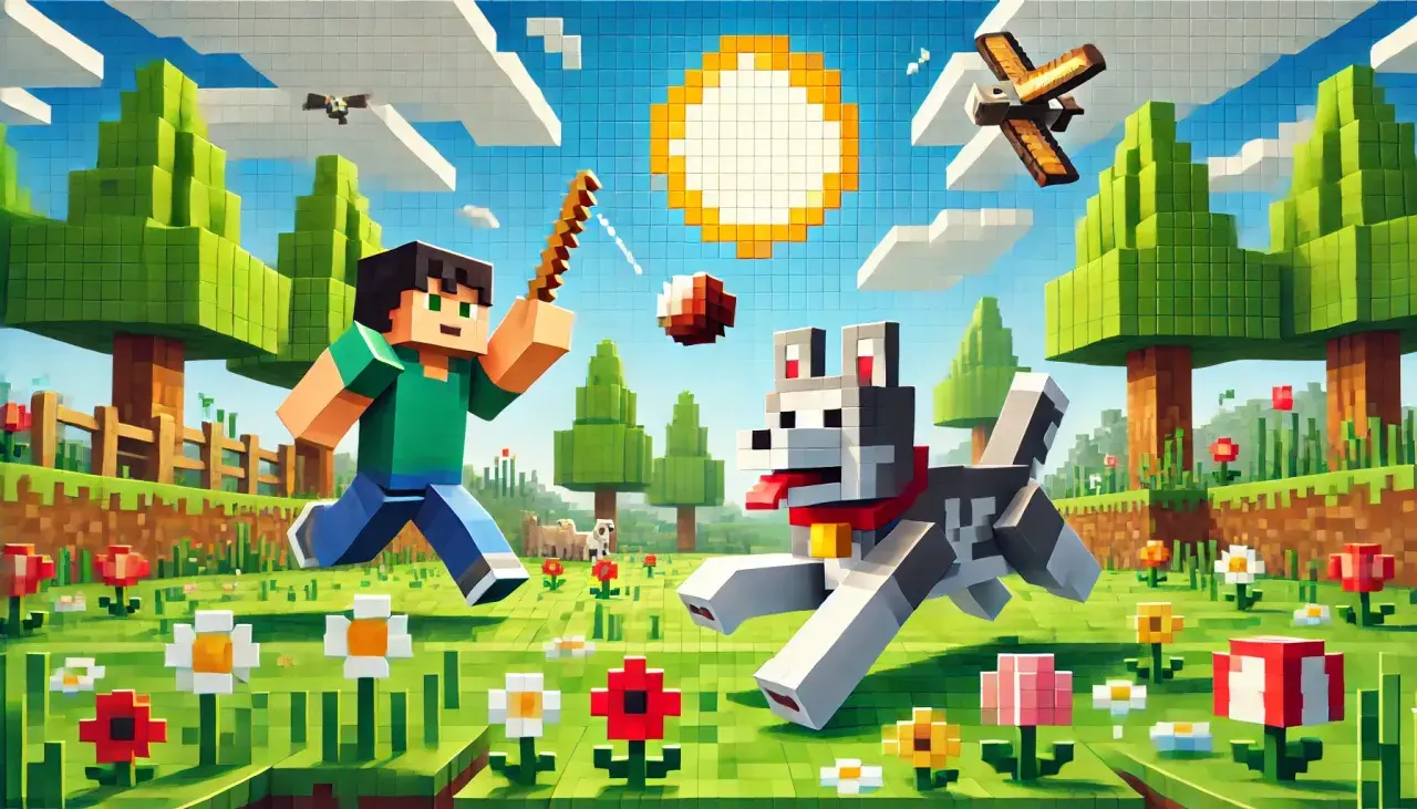 Chłopiec z psem w świecie Minecraft, szukający najlepszych nicków do Minecraft. Słońce, drzewa i kwiaty tworzą radosną scenerię.