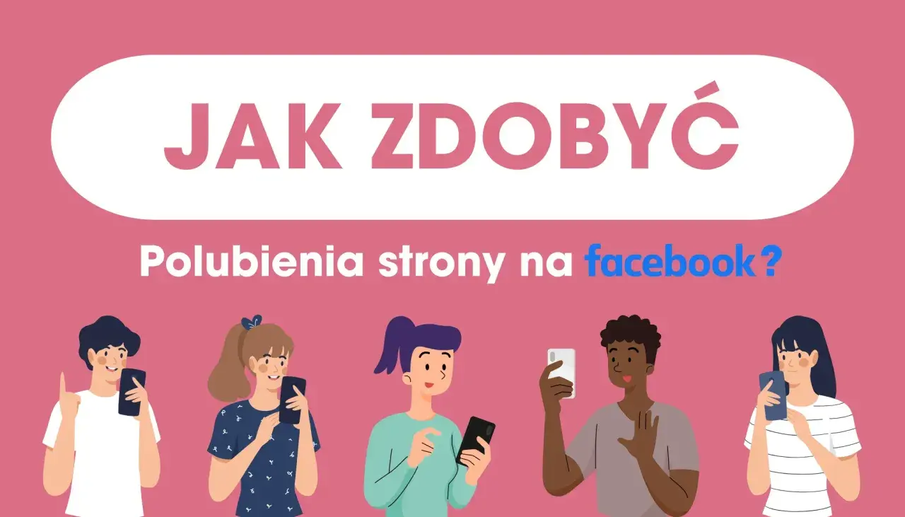 Jak zdobyć polubienia strony na Facebooku? Pięć osób z telefonami w rękach, każdy skupiony na swoim urządzeniu.