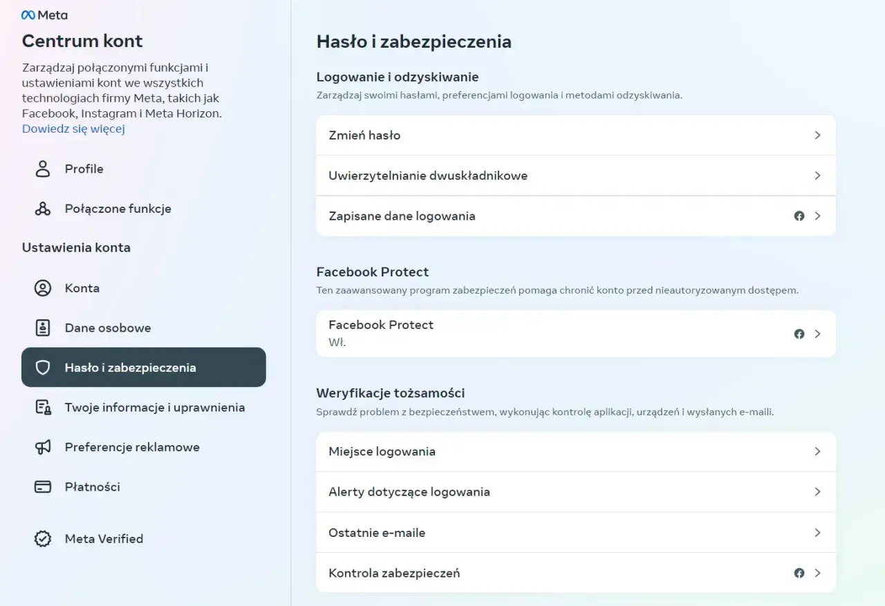 Ustawienia "Hasło i zabezpieczenia" konta Meta. Dowiedz się, jak założyć hasło na Messengera, zmieniając je lub włączając uwierzytelnianie dwuskładnikowe.