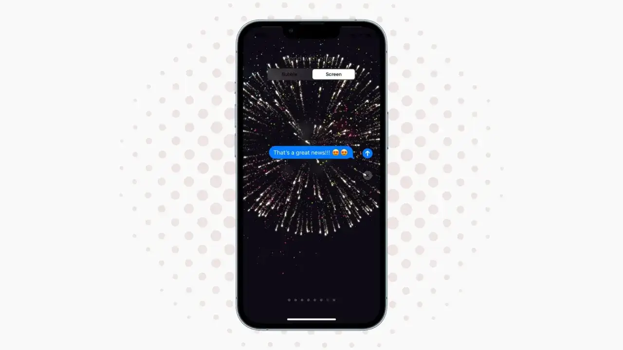 Jak włączyć dymek czatu Messenger na iPhone? Ekran z fajerwerkami i wiadomością "That's a great news!!!