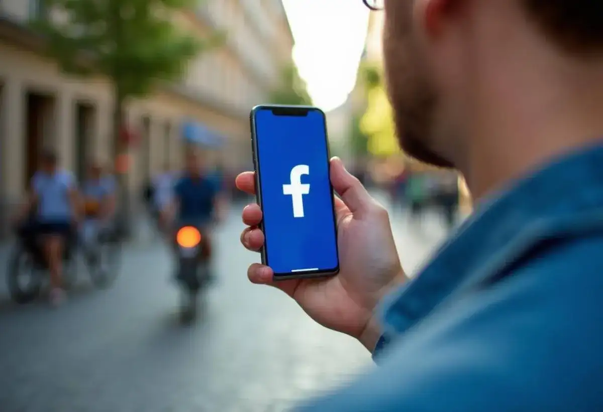 Mężczyzna trzyma smartfon z logo Facebooka, szukając informacji, jak opuścić grupę na Facebooku.