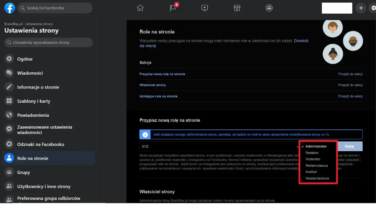 Chcesz wiedzieć, jak przestać zarządzać stroną na FB? Na ekranie widzisz opcje zarządzania rolami na stronie, w tym możliwość dodania lub usunięcia administratora.