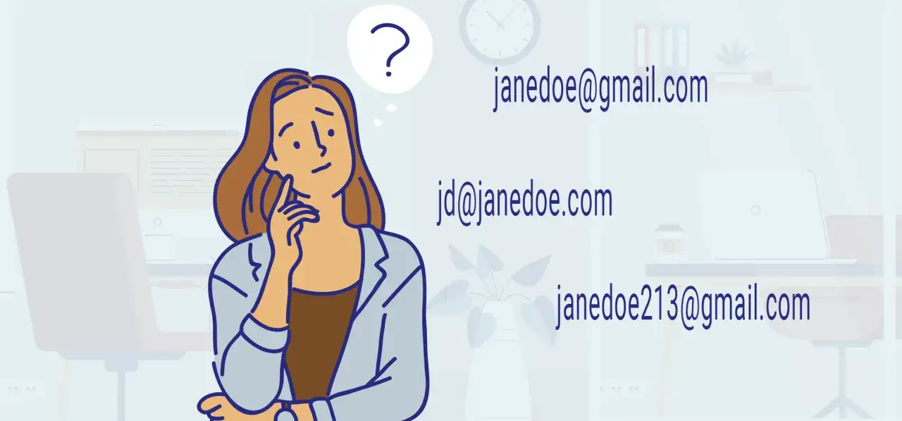 Kobieta zastanawia się nad fajnymi nazwami email: janedoe@gmail.com, jd@janedoe.com, janedoe213@gmail.com.