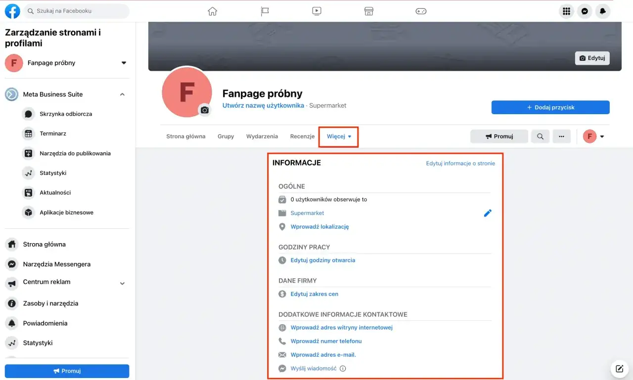 Zarządzanie stroną na Facebooku. Widok panelu administracyjnego strony, gdzie można edytować informacje, jak założyć stronę na FB bez konta.