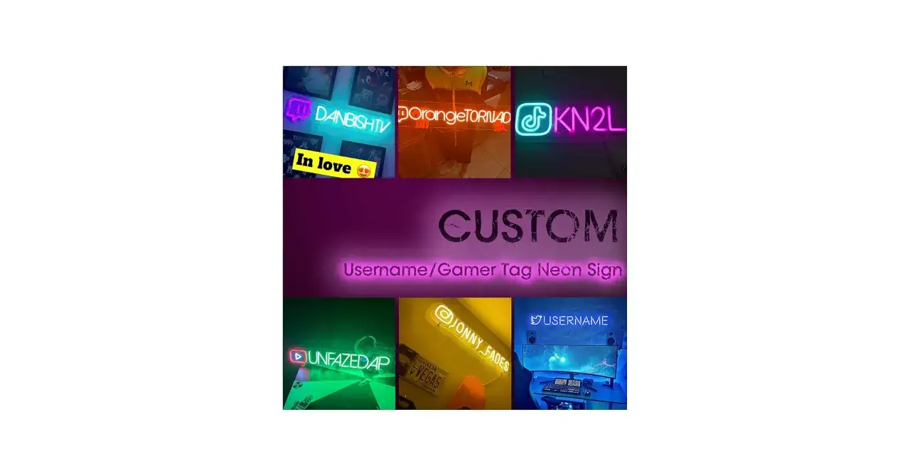 Neonowe napisy z angielskimi nickami do gier: DANBISHTV, ORANGETORNAD, KN2L, IN LOVE, UNFAZEDAP, JONNY_FADES, USERNAME.