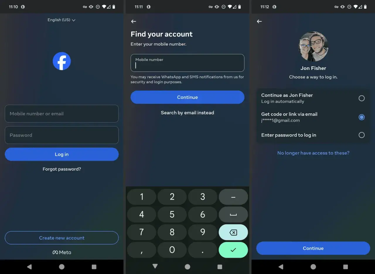 Jak odzyskać konto na Messengerze bez Facebooka? Ekran logowania z opcją wyszukiwania konta po numerze telefonu lub e-mailu.