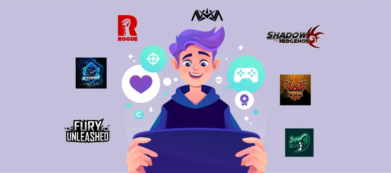 Chłopak z laptopem otoczony logotypami gier: Storm, Rogue, Phoenix, Fury Unleashed, Shadow the Hedgehog, AXA. Szuka fajny nick do gry.