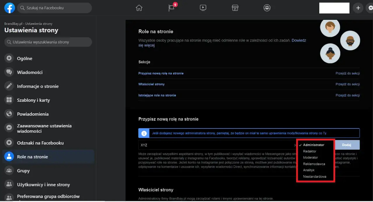 Chcesz wiedzieć, jak przestać zarządzać stroną na FB? Na zrzucie ekranu widzisz opcję