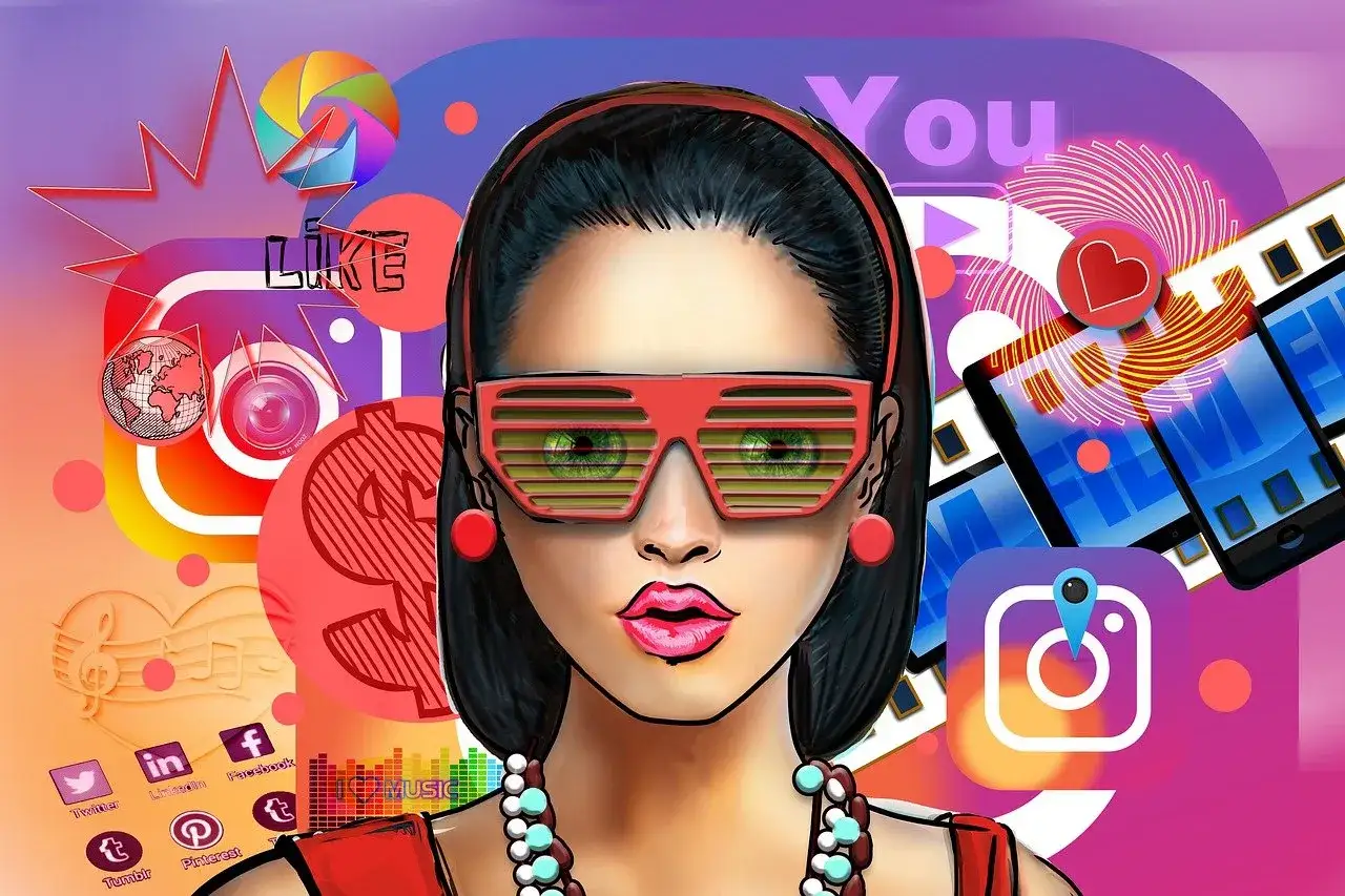 Dziewczyna w okularach z ikonami social media. Inspiracja dla fajnych nazw na Instagrama dla dziewczyny, która kocha cyfrowy świat.