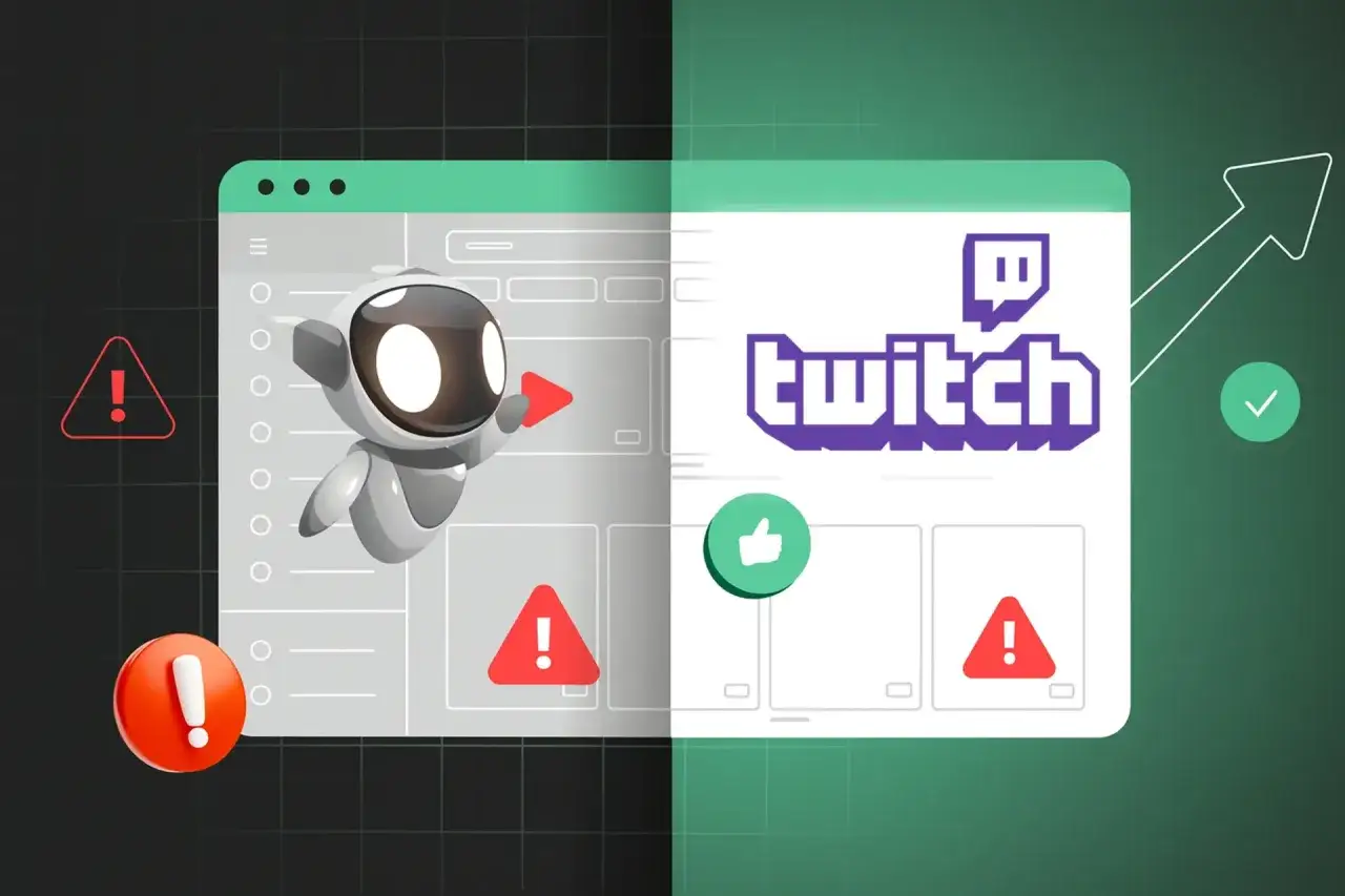 Robot z ostrzeżeniami obok Twitcha. Unikaj kupowania obserwujących na Twitchu, bo to ryzykowne.