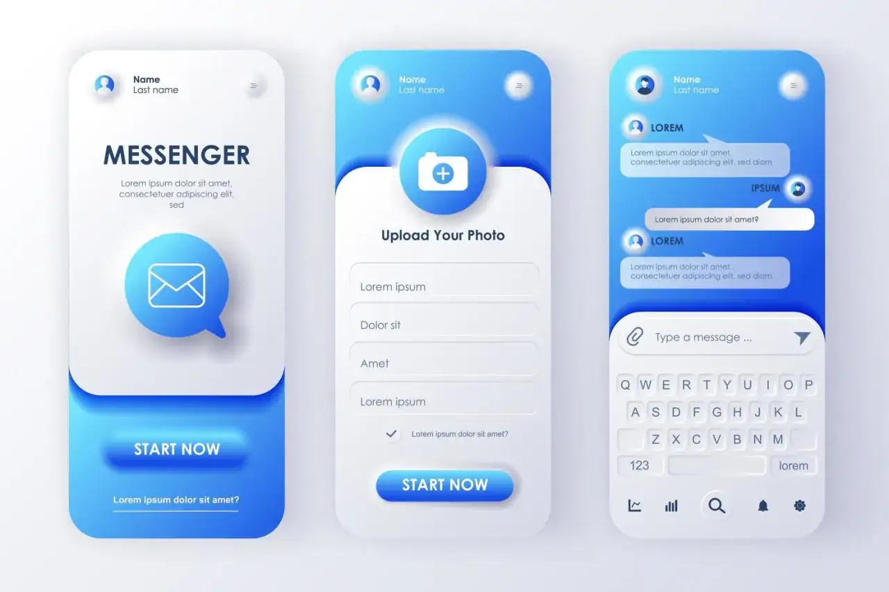 Ekran aplikacji Messenger pokazuje, jak zalogować się do aplikacji, tworząc profil i wysyłając wiadomości.