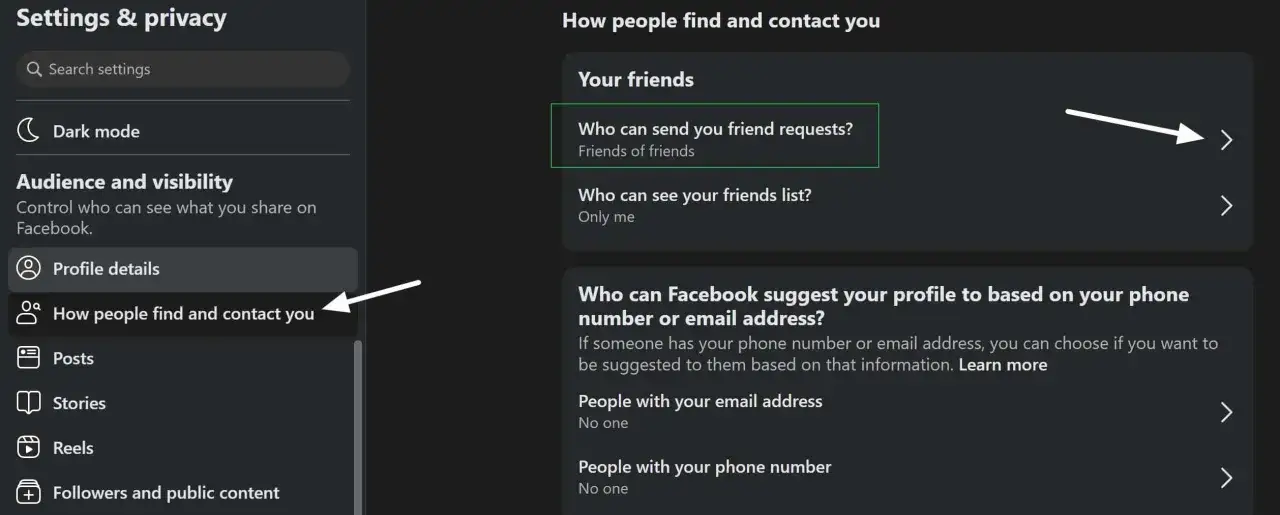 Ustawienia prywatności Facebooka: kto może wysyłać prośby o dodanie do znajomych, kto widzi listę znajomych i jak ludzie mogą Cię znaleźć.